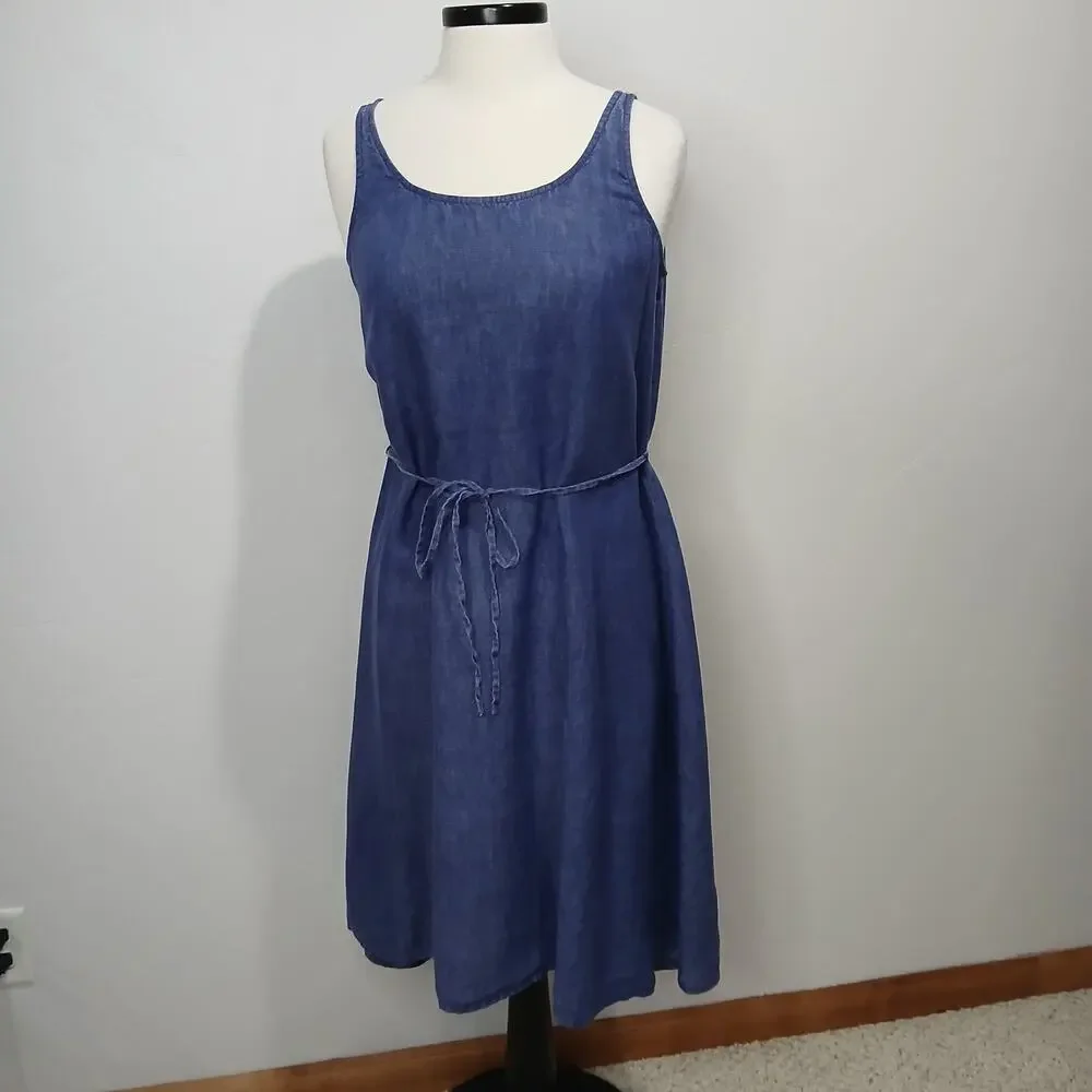 Eileen Fisher Linen Dress Size Small Blue Sleeveless Strappy Tie Waist Fit Flare - Picture 6 of 16
